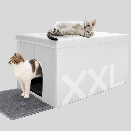 Enclosed cat litter box furniture bench with a hinged door.