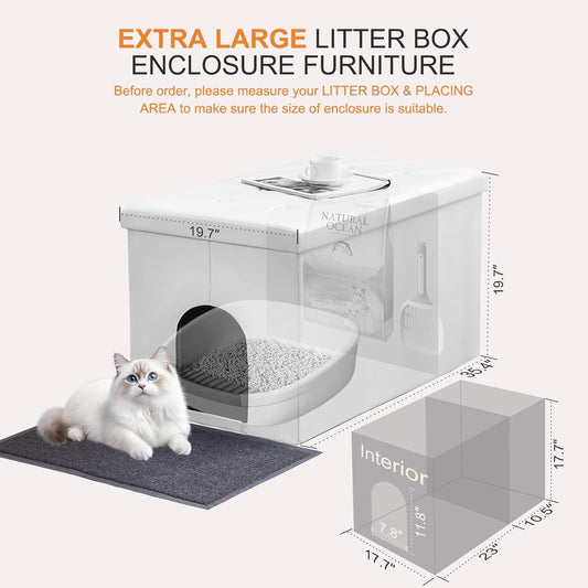 Enclosed cat litter box furniture bench with a hinged door.