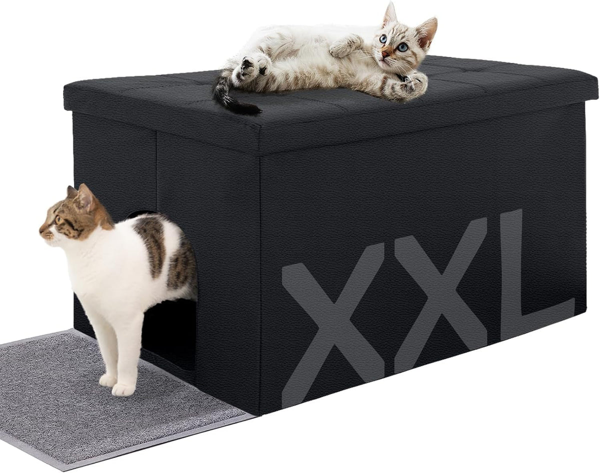 Enclosed cat litter box furniture bench with a hinged door.