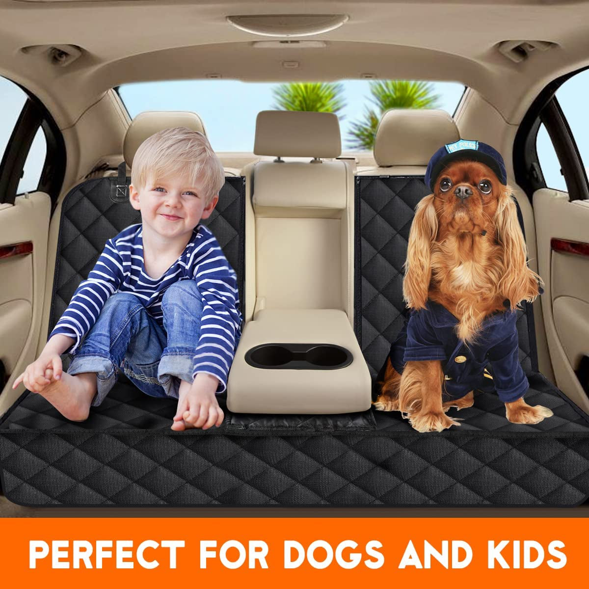 RoadGuard dog car seat cover installed across a car's back seat.