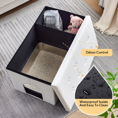 Enclosed cat litter box furniture bench with a hinged door.