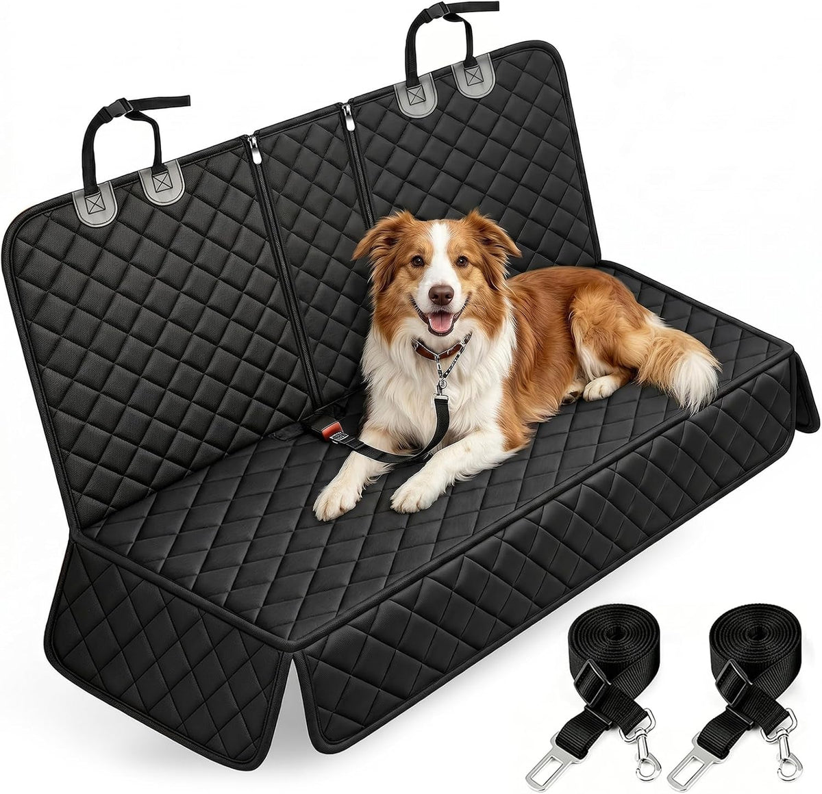 RoadGuard dog car seat cover installed across a car's back seat.
