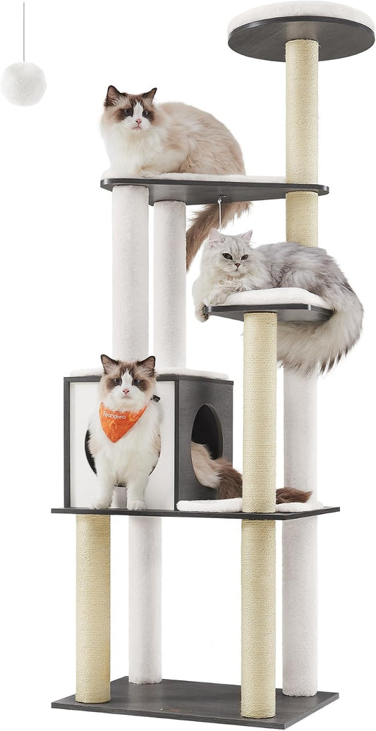 Multi-level cat tree with scratching posts and a covered den.