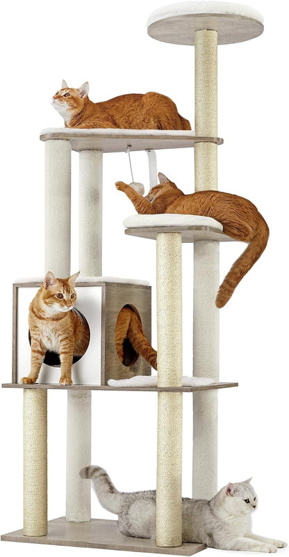 Multi-level cat tree with scratching posts and a covered den.
