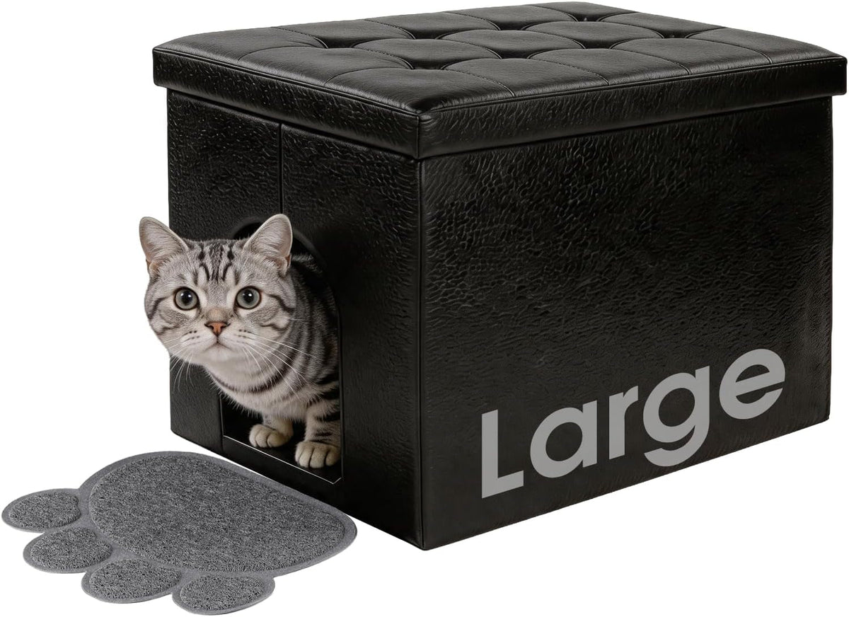 Enclosed cat litter box furniture bench with a hinged door.