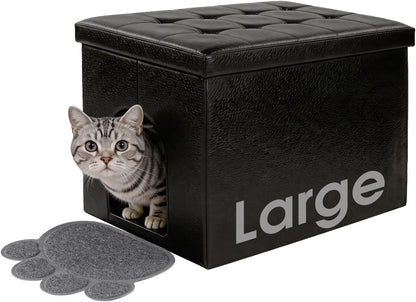 Enclosed cat litter box furniture bench with a hinged door.