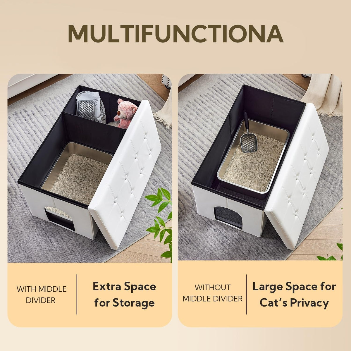 Enclosed cat litter box furniture bench with a hinged door.