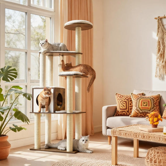 Multi-level cat tree with scratching posts and a covered den.