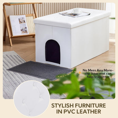 Enclosed cat litter box furniture bench with a hinged door.