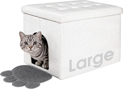 Enclosed cat litter box furniture bench with a hinged door.