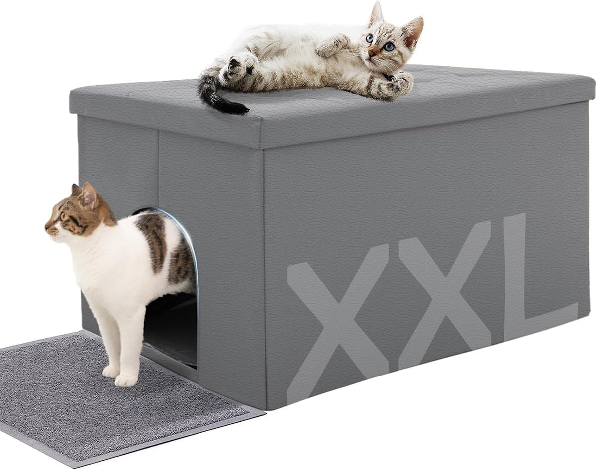 Enclosed cat litter box furniture bench with a hinged door.